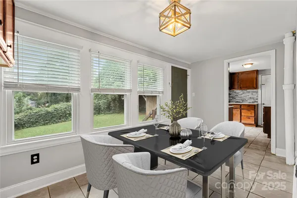 a view of a dining room with furniture window and outside view
