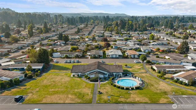 an aerial view of a swimming pool