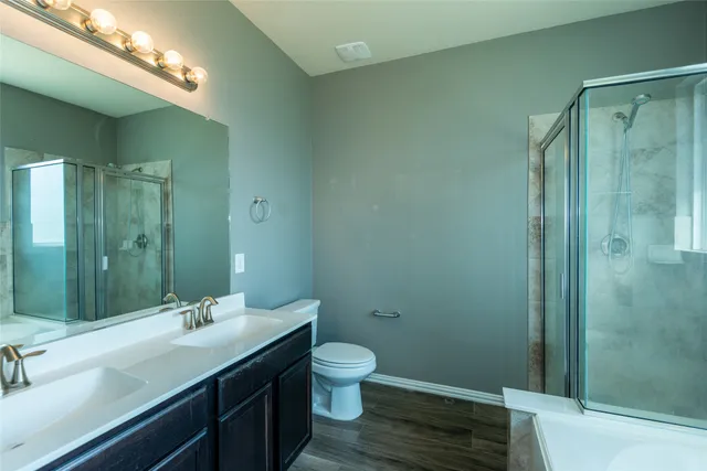 a bathroom with a granite countertop sink toilet a shower and a mirror