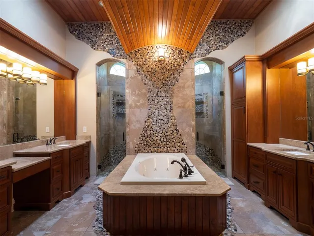 a bathroom with a sink a mirror and a shower