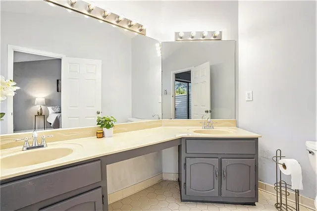 a bathroom with a sink double vanity and a mirror
