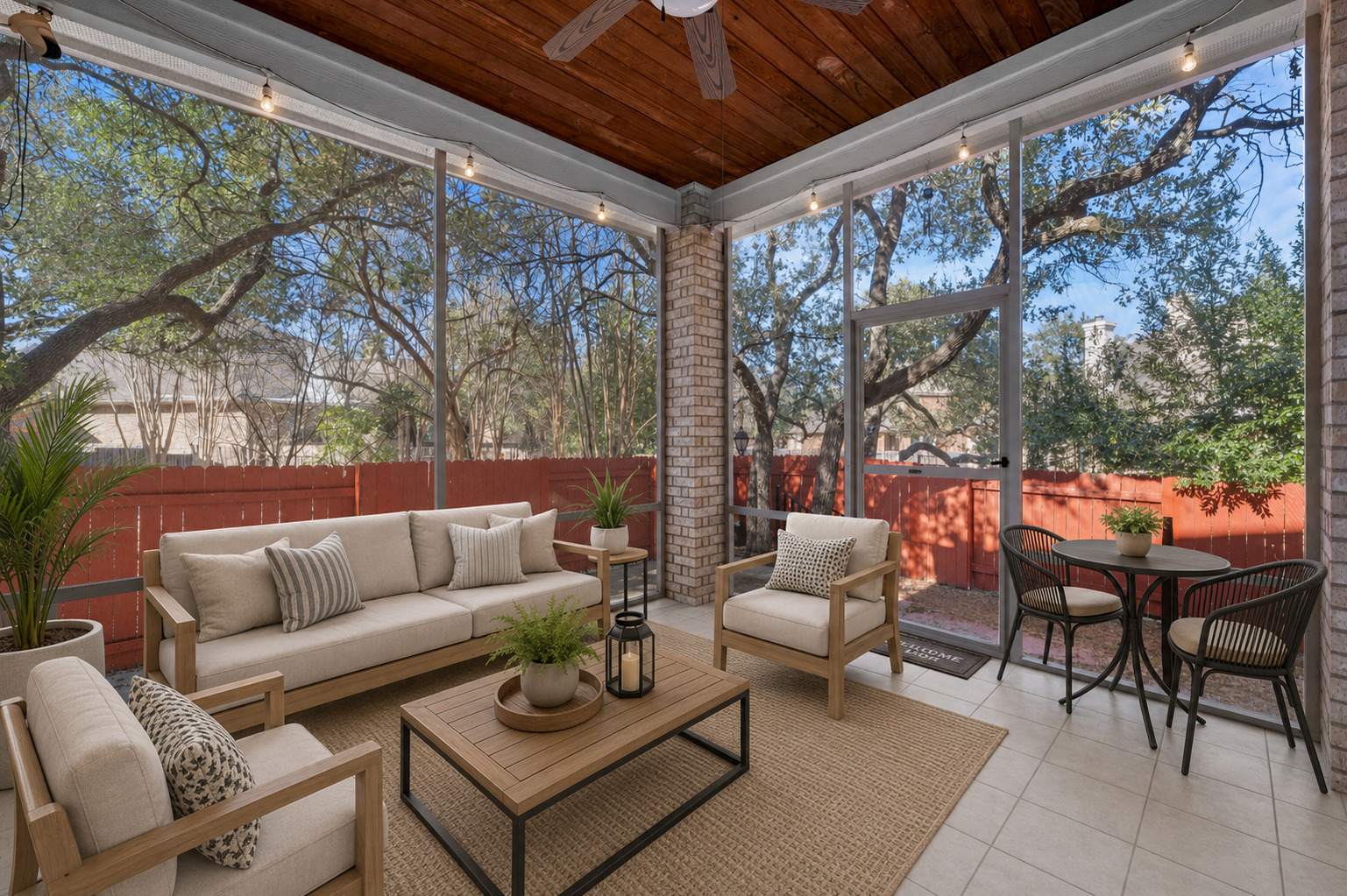 3903 Remington Road Cedar Park, TX 78613 - Photo 27 of 29 A screened porch with a rich wood ceiling offers a serene, private space for relaxation and enjoyment.