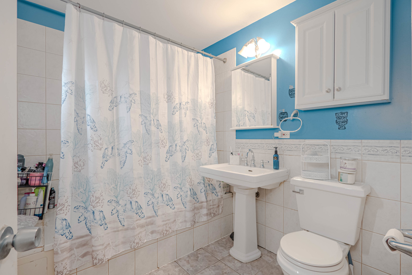 1435 Grove Avenue Berwyn, IL 60402 - Photo 18 of 25 a bathroom with a sink a toilet and shower curtain