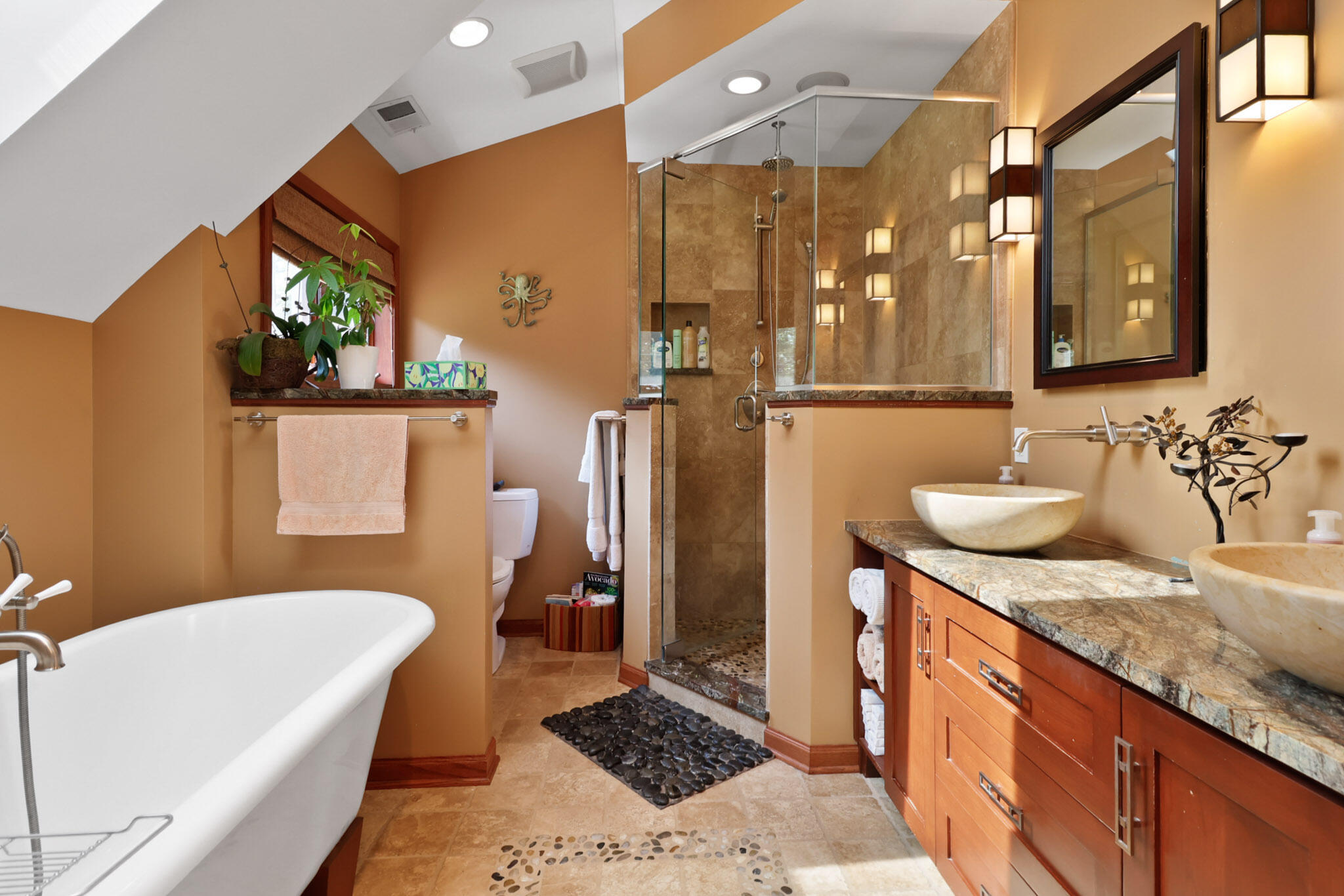 66 Ski Hill Road Portage, IN 46368 - Photo 34 of 48 a bathroom with a granite countertop sink a mirror a bathtub and shower