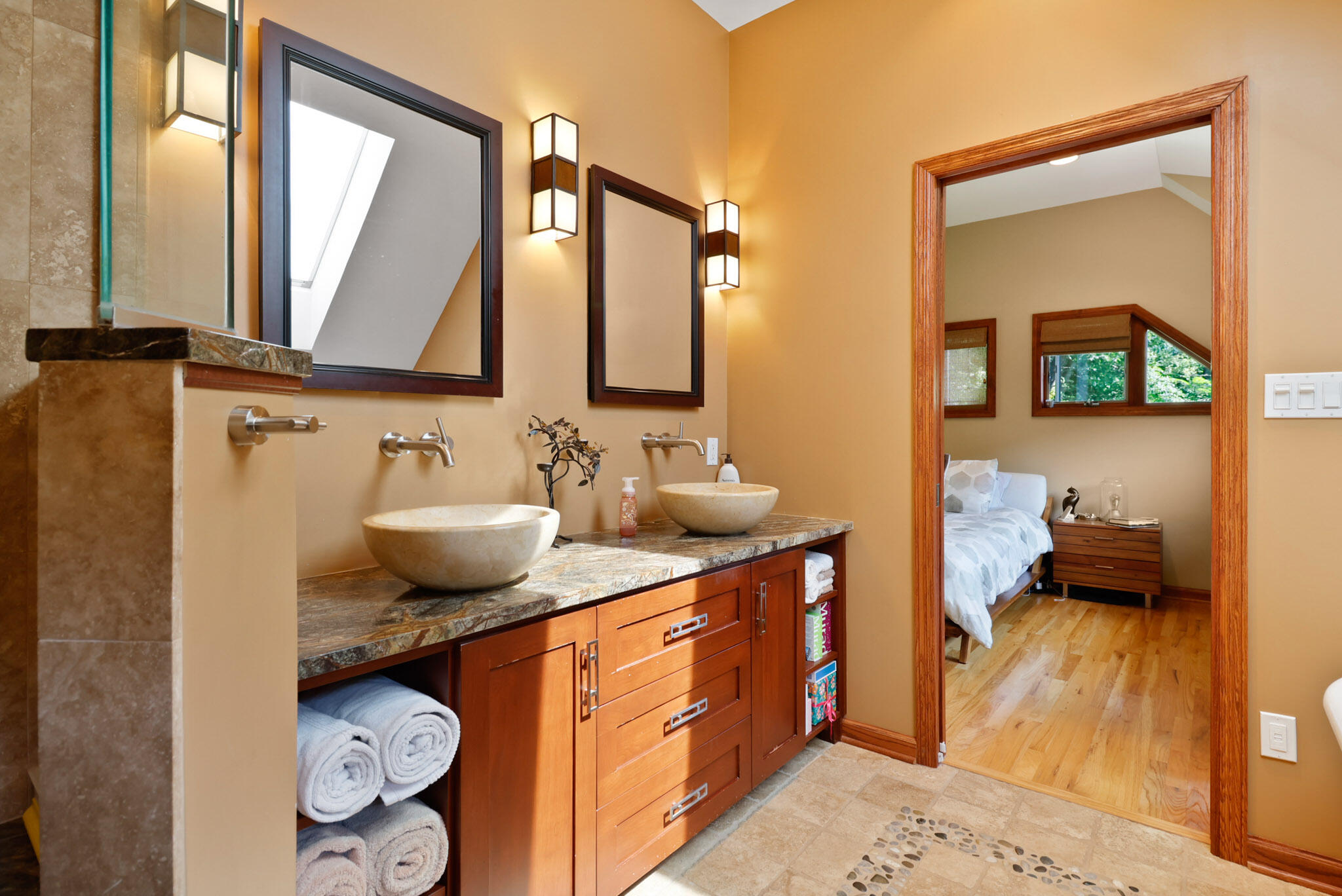 66 Ski Hill Road Portage, IN 46368 - Photo 35 of 48 a bathroom with a granite countertop sink and a mirror