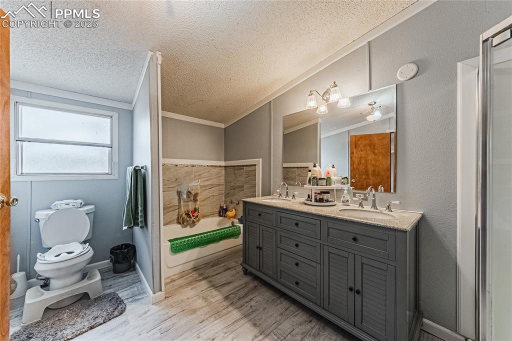 36 Valley Circle Guffey, CO 80820 - Photo 14 of 40 a bathroom with a double vanity sink toilet and shower