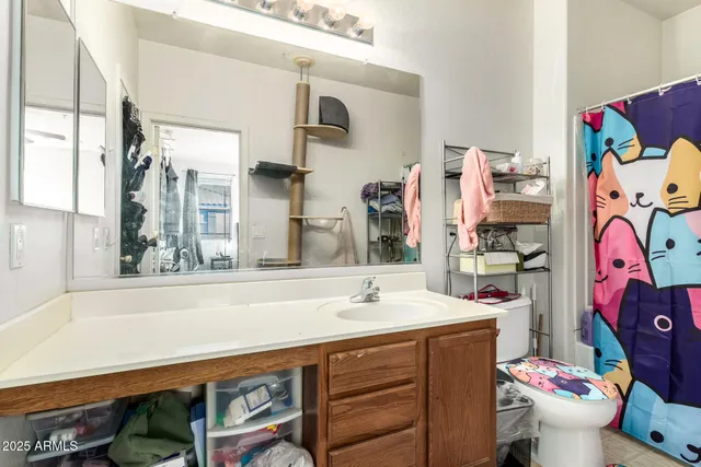 a bathroom with a sink mirror and toilet