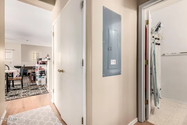 a view of a hallway with dining area view