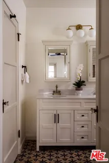 a bathroom with a sink a vanity and a mirror
