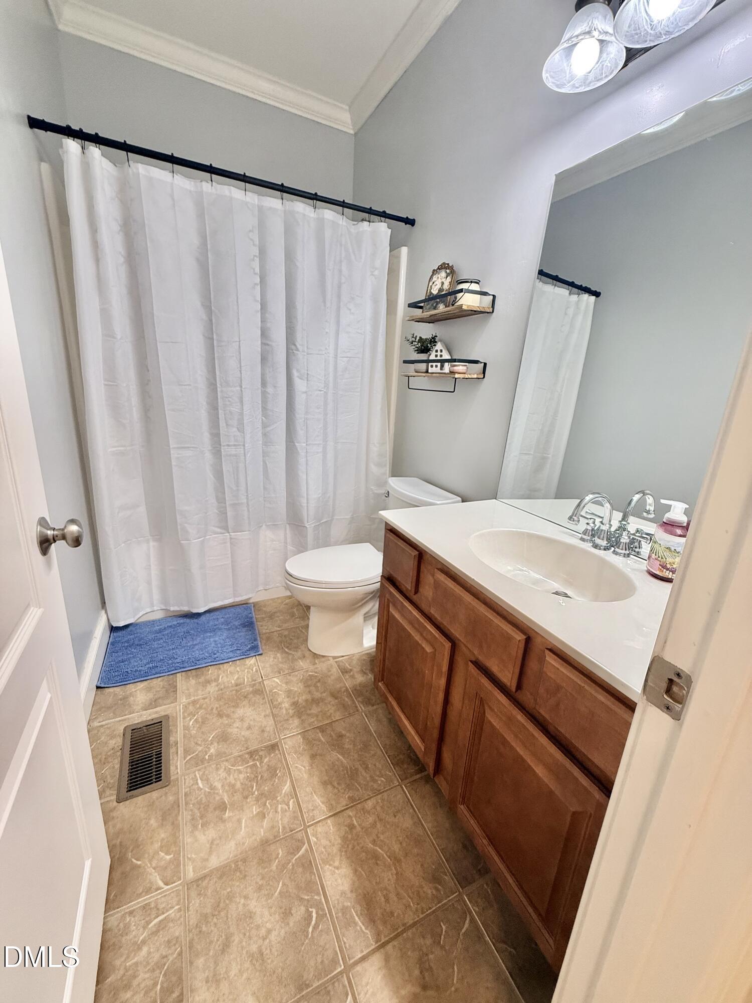 199 Oakwood Lane Roxboro, NC 27574 - Photo 49 of 82 a bathroom with a sink a toilet and shower curtain