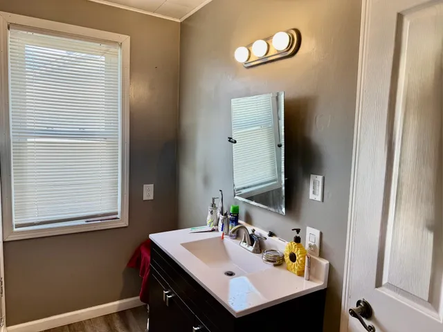 a bathroom with a sink vanity and a mirror