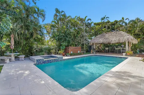 a garden view with a seating space