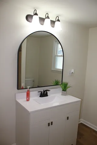 a bathroom with a sink and a mirror