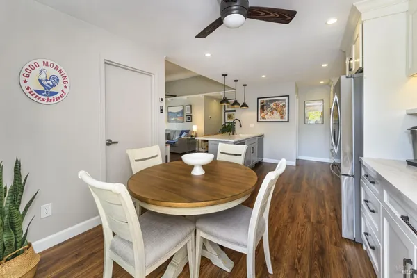 a view of a dining room with furniture