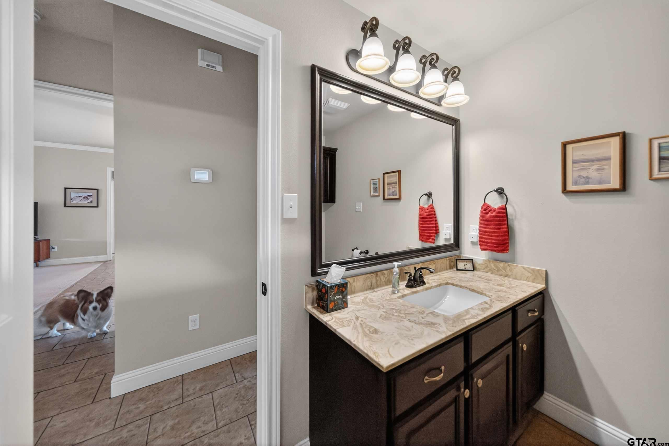 5830 Thompson Place Tyler, TX 75707 - Photo 28 of 35 a bathroom with a granite countertop sink and a mirror
