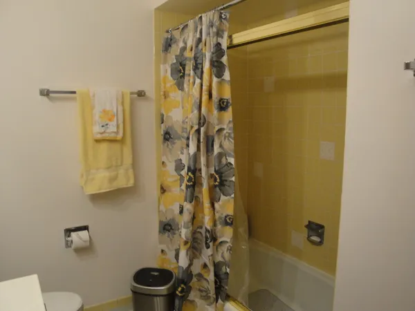 a bathroom with a shower and a toilet