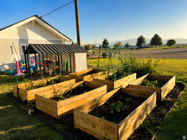 303 North Main Street Grace, ID 83241 - Photo 5 of 22 Multiple raised garden beds in a spacious backyard, featuring a white detached outbuilding with a dark metal roof