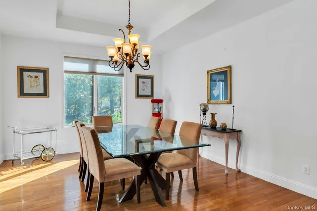 a view of a dining room with furniture a chandelier and wooden floor