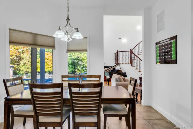 a view of a dining room with furniture window and outside view