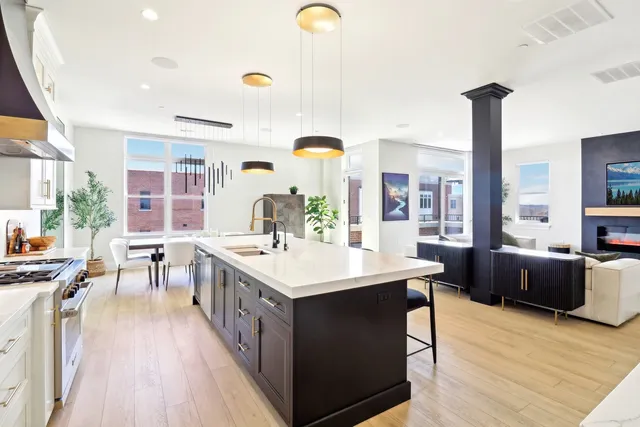 a large kitchen with a counter space a sink appliances and living room view