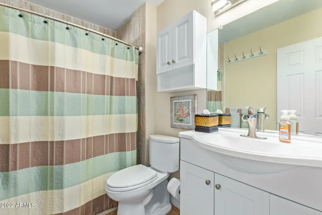a bathroom with a sink a toilet and shower curtain