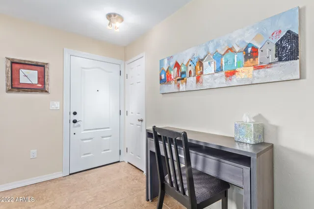 a view of dining room with wooden furniture