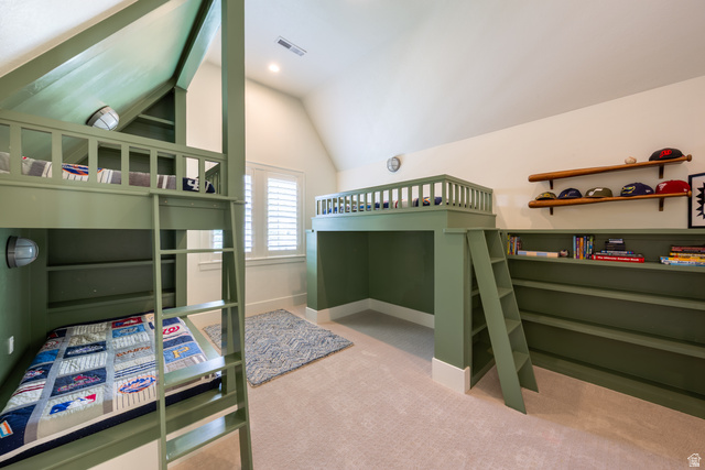 630 East Center Street Alpine, UT 84004 - Photo 56 of 115 Built-in bunk beds with integrated shelving and ladders, accompanied by a loft bed structure featuring an open area below