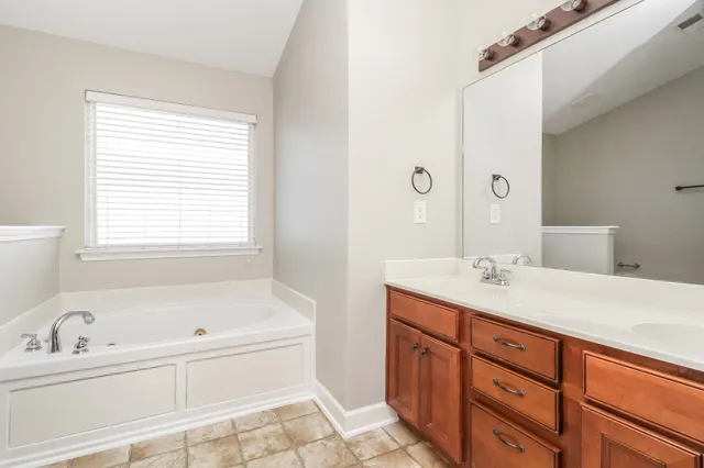 a bathroom with a tub sink and mirror