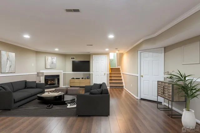 a living room with furniture or wooden floor and a potted plant