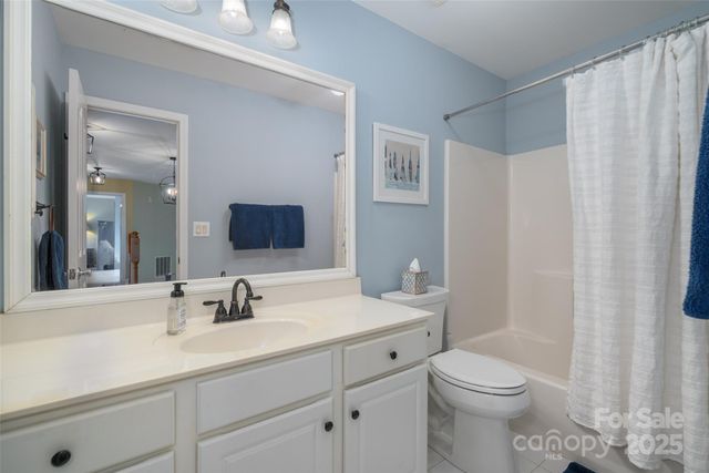 a bathroom with a sink a toilet a mirror a vanity and shower