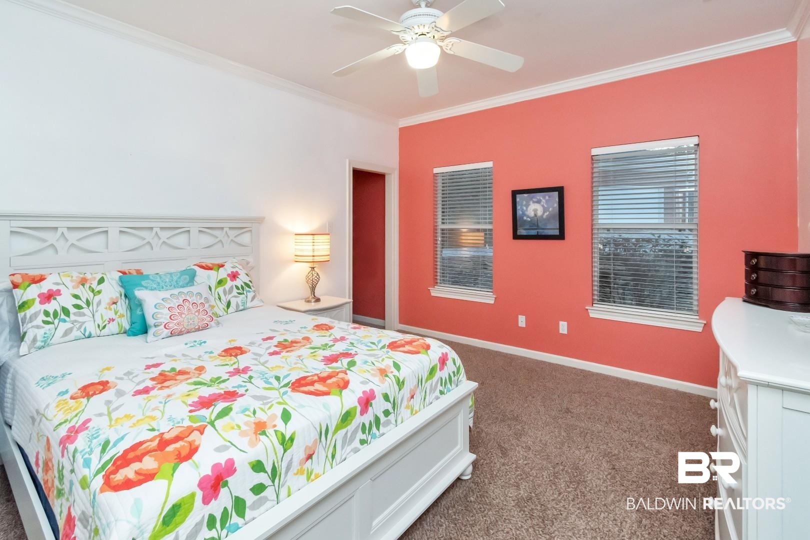 1050 Southern Way Court Mobile, AL 36609 - Photo 21 of 36 Bedroom with crown molding, ceiling fan, and carpet