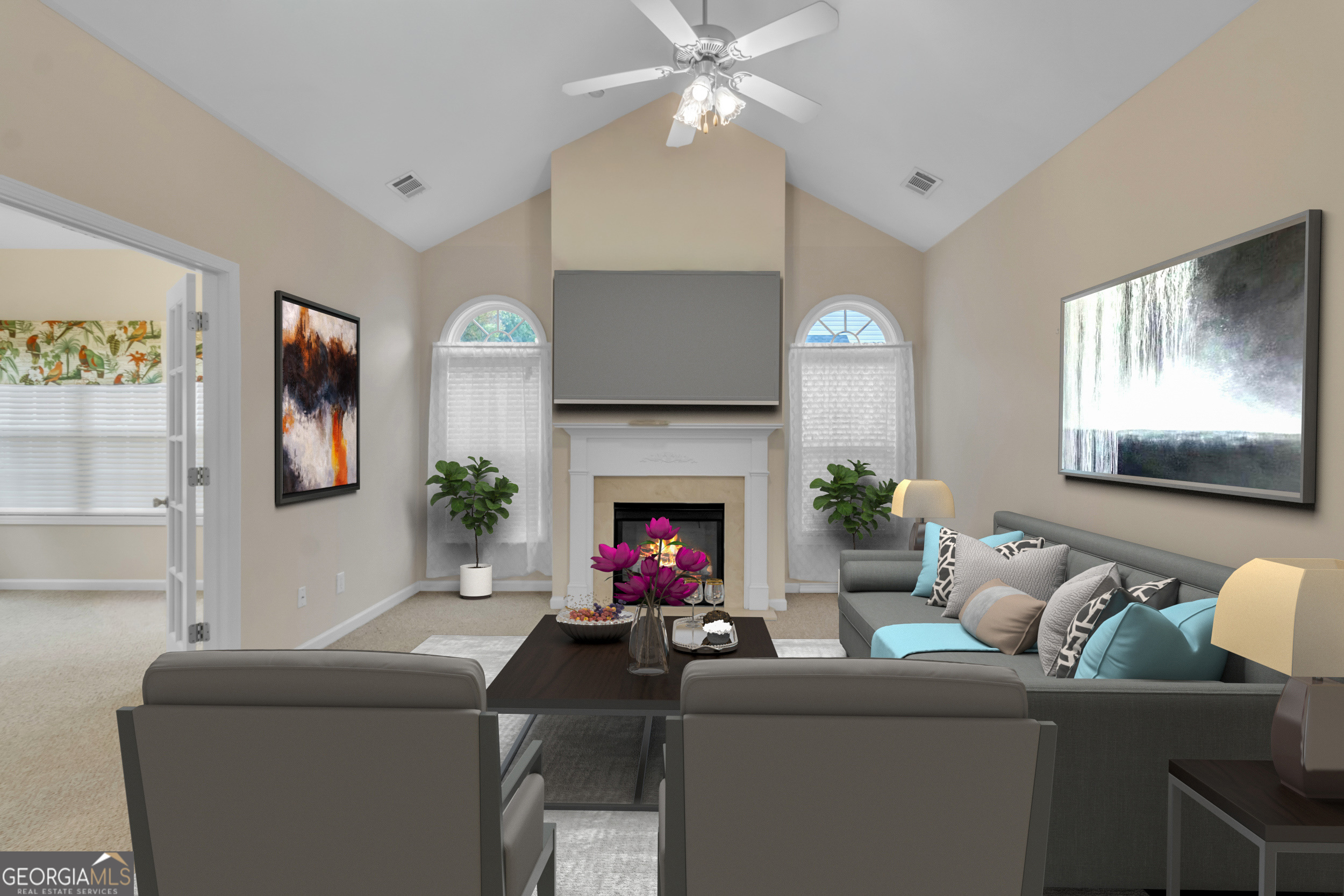 4557 Caleb Crossing, Unit 71 Powder Springs, GA 30127 - Photo 8 of 29 a living room with furniture a fireplace and potted plants