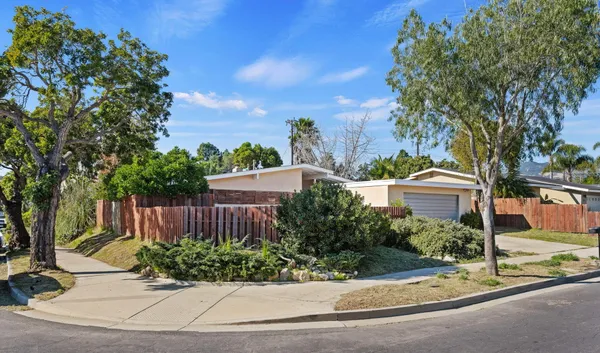a view of a brick house with a small yard plants and a large tree