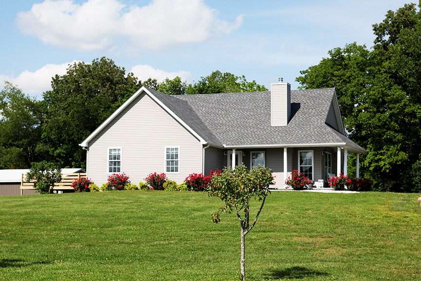 a front view of house with yard and green space