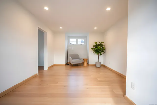 a view of a livingroom with a potted plant and couches