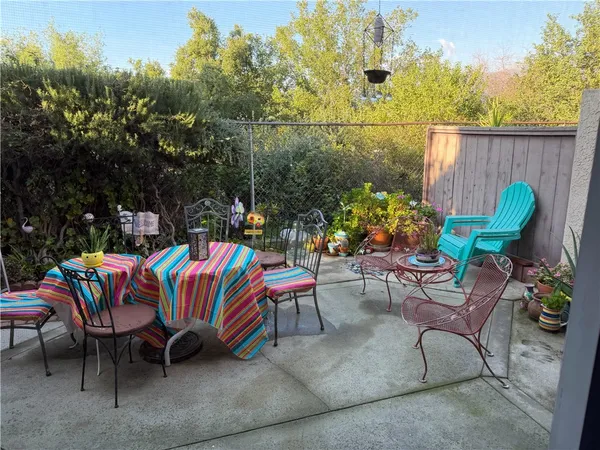 a view of a chairs and table in patio