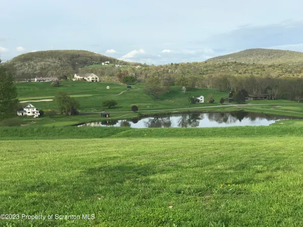 a view of a green field with mountains in the background