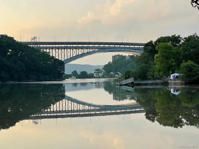 a view of a lake with a bridge