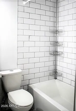 a white toilet sitting next to a bath tub