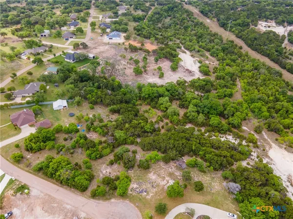 an aerial view of residential houses with outdoor space and trees