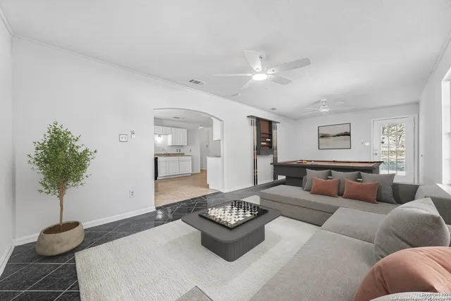 a living room with furniture and a potted plant