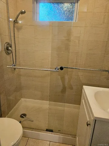 a bathroom with a shower and a toilet