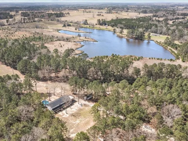 an aerial view of residential houses with outdoor space and trees