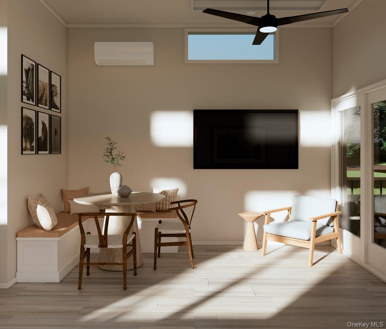197 Wheeler Road, Unit 90 Florida, NY 10921 - Photo 7 of 37 Dining space with a wall mounted air conditioner, a ceiling fan, wood finished floors, and ornamental molding