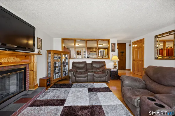 a living room with furniture a flat screen tv and a fireplace