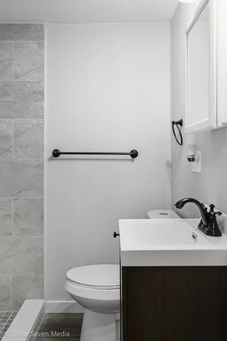 a bathroom with a sink a toilet and mirror