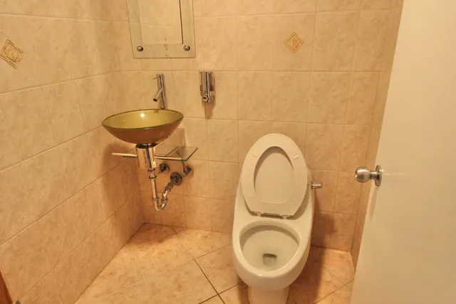 a bathroom with a granite countertop toilet and a sink