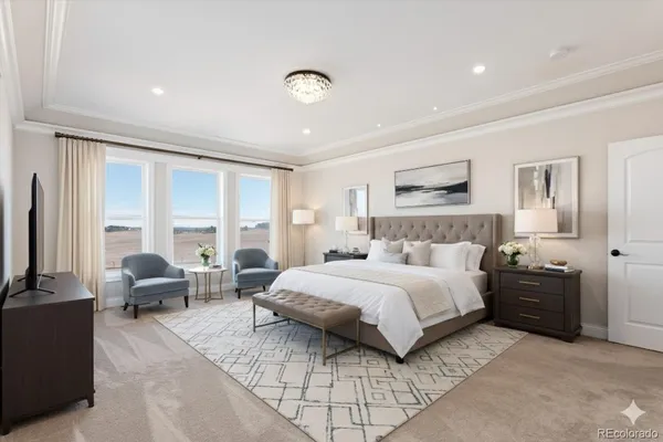 a bedroom with a large bed and a couch