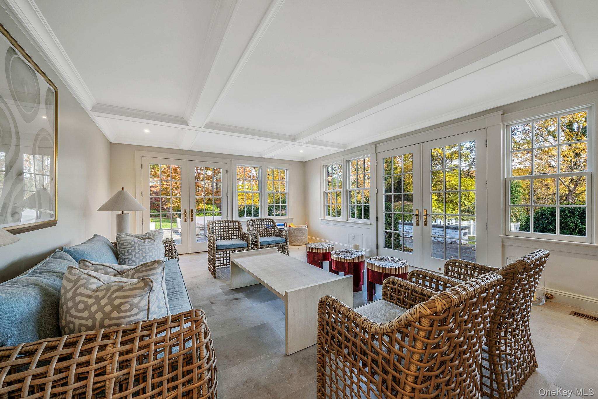 530 Chicken Valley Road Locust Valley, NY 11560 - Photo 48 of 50 Cabana, french doors, beamed ceiling, coffered ceiling, and recessed lighting