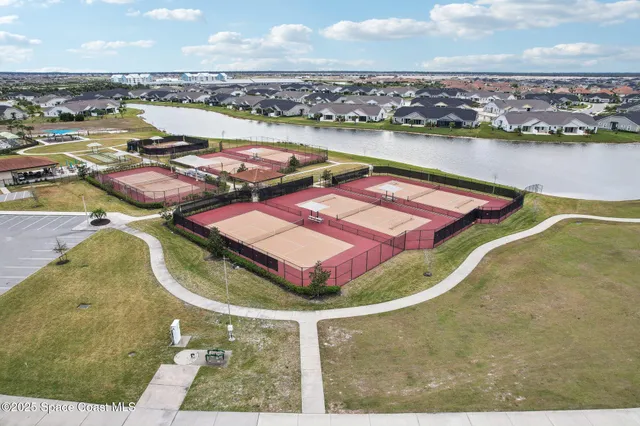 an aerial view of a pool
